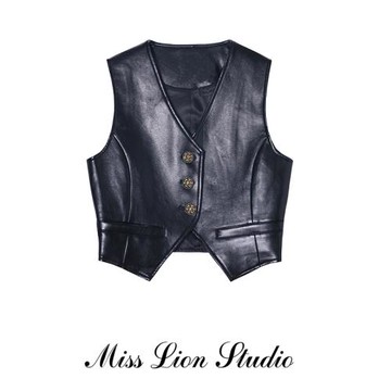 復古黑色PU皮馬甲女2024年春秋新款韓版設計感內搭外穿V領小背心