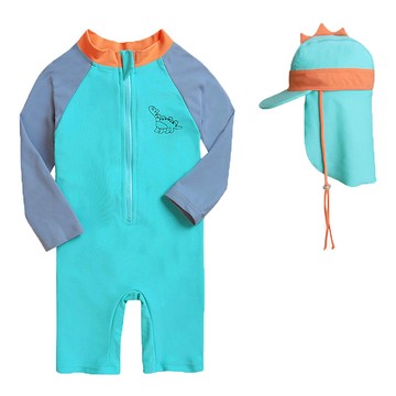 愛北鼻 寶寶連體泳衣送遮陽帽 長袖 可愛造型防曬泳裝  6碼  恐龍  1入