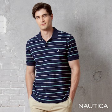 Nautica 男裝 撞色條紋休閒短袖POLO衫-藍色