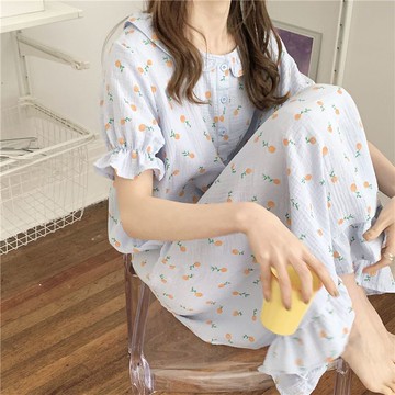 韓版睡衣裙子女夏學生睡裙短袖棉質紗布長款過膝ins公主網紅外穿