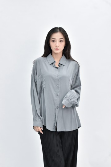 (2XL)  緞面長袖綠色襯衫上衣