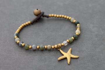 海星魅力串珠手鍊黃銅石花式碧玉串珠編織麻