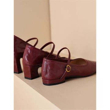 復古高跟女鞋秋季新款軟羊皮一字扣帶粗跟紅色法式真皮瑪麗珍單鞋