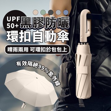 【Lebon life】黑膠防曬環扣自動勾勾雨傘(大傘面 摺疊 環扣傘 三折傘 10骨)