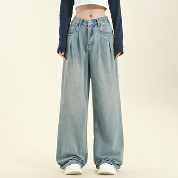 淺藍色水洗做舊直筒牛仔褲女春季高腰寬松垂感褶皺拖地闊腿長褲子