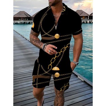 Lapel casual 3D printed sports set翻領休閑3D印花運動套裝男士