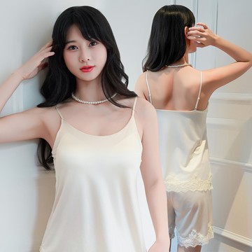睡衣｜席琳光感 絲綢緞面蕾絲邊背心居家睡衣套裝(香檳杏L~2XL)