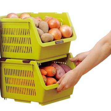 日本製造INOMATA可疊放附滑輪蔬果收納籃(芥末綠色)1入裝