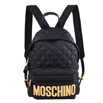 MOSCHINO 漆皮LOGO菱格尼龍雙拉鍊背包.黑/金