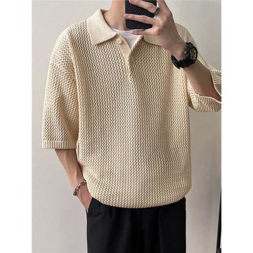 設計感針織Polo衫男夏季薄款寬松翻領短袖韓版潮流青少年鏤空半袖