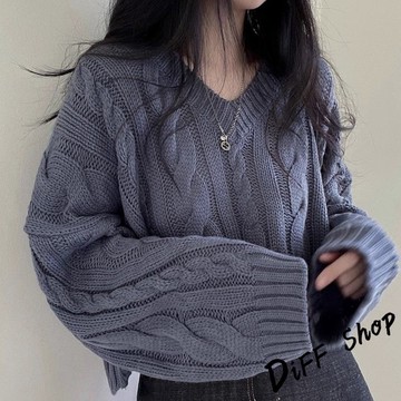 韓版寬鬆復古麻花V領毛衣【W558】
