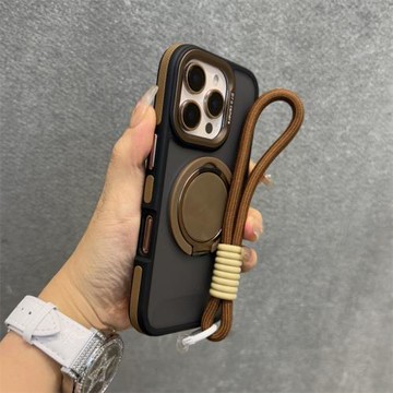 得樂適用蘋果16手機殼棕色CD紋360旋轉支架iphone16promax磨砂15pro高級感14新款13防摔12保護套16plus