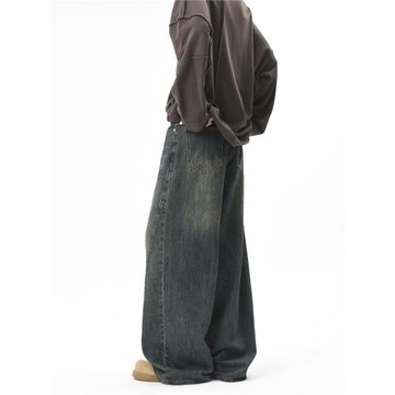 LXS STUDIO潮牌寬松直筒牛仔褲子男冬季美式高街垂感闊腿休閑長褲