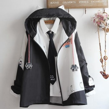 情侶可愛男孩男女軟妹寬松春秋裝學生耳朵連帽開衫減齡貓拼色外套