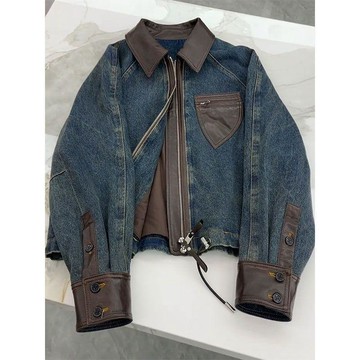 商城熱賣⭐棒球服 日系 皮夾克 小個子穿搭 刺繡復古300斤大碼女裝新款復古拼接皮衣牛仔外套女胖mm寬鬆顯瘦百搭外套