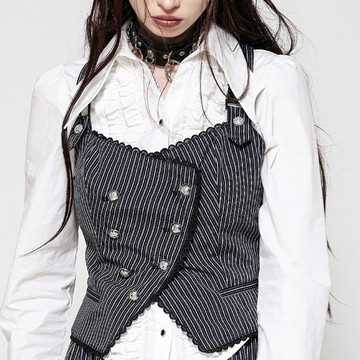 復古條紋雙排扣蕾絲花邊肩帶西裝馬甲背心DARK IN LOVE台灣VW021