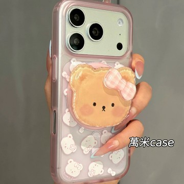 卡通 透粉 小熊 膚感 磨砂 磁吸支架 適用iPhone18 17 16 15 14 Pro Max手機殼 全包磁吸硬殼