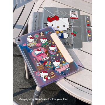 九點半銀色漸變鐳射可愛KT貓咪Y型磁吸拆分適用蘋果2025新款air6/5mini7防彎分體保護套橫豎防摔隱藏式筆槽