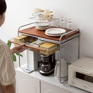 日本 霜山 桌上型復古風木質微波爐電器置物架(附抽屜)-DIY