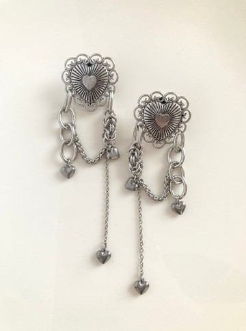 heart dress chain 耳針 耳夾 愛心 銀色 大尺寸
