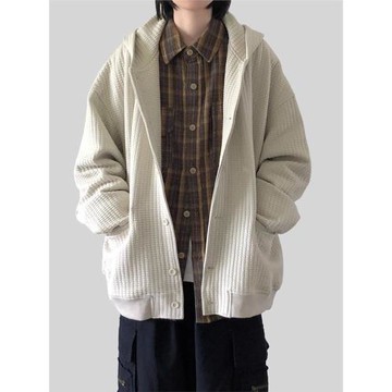 日系復古寬松連帽華夫格開衫衛衣男女秋冬加絨純色休閑夾克外套潮