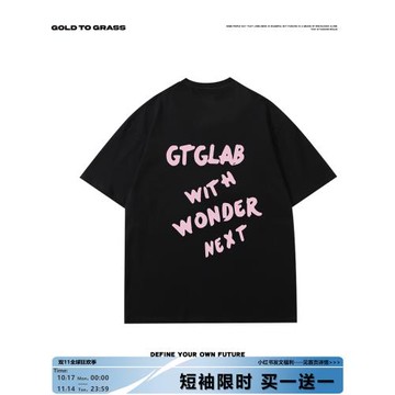 GTG原創美式復古潮牌傾斜字母圓領短袖男春季新款oversize半截袖