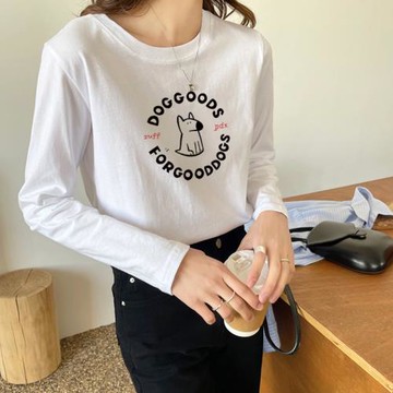 簡約卡通印花長袖上衣女秋季純棉寬松上衣長袖正肩t恤圓領打底衫