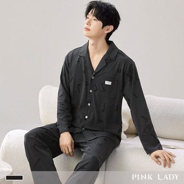 【PINK LADY】男睡衣 棉柔長袖成套睡衣 暗刻音符 秋冬寬版排扣居家服(保暖/上衣長褲/兩件式/居家睡衣)7725