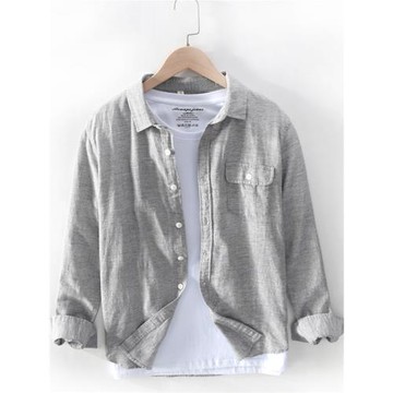 春秋季衣服男潮流亞麻襯衫長袖寬松休閑上衣簡約百搭棉麻襯衣外穿