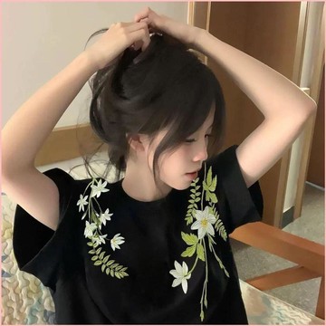 加購2335件📈新款國潮藤蔓印花短袖t恤女ins潮流美式可愛百搭情侶上衣甜美12CPHJ
