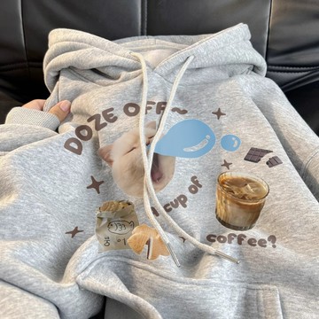 心動指數100%~ 酣睡貓咪趣味印花 韓國帽t 長袖衛衣 連帽帽踢 長版棉t 寬鬆帽t 韓系衣服 女 重磅純棉 保暖衛衣