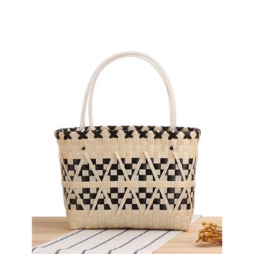 店長推薦慈善款編織包菜籃子熊貓黑白格女士手提包拼色野餐購物袋