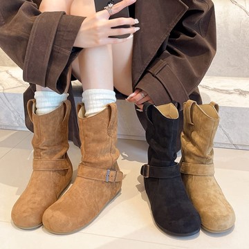 【35-42全尺碼】圓頭靴．慵懶風素色一字帶金屬平底中筒靴．白鳥麗子