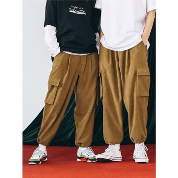 BYTEHARE潮牌寬松垂感絨質斜紋抽繩收口褲側袋蓋休閑工裝情侶褲男