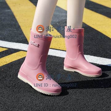 雨鞋女 中筒時尚外穿防水雨靴 日系高筒一體絨保暖防滑耐磨水鞋【淘夢屋】