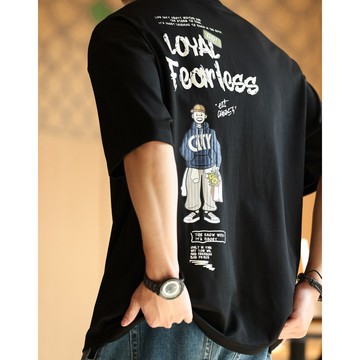Wuluwear 美式休閒精工膠印短袖T恤男士210g卡通趣味圓領打底衫潮