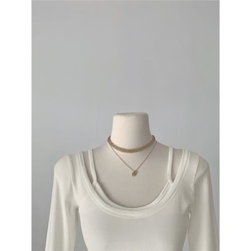 柔軟純欲打底衫U領長袖T恤女2025新款內搭假兩件短款雙層下擺上衣