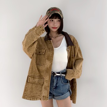 【Aa.chic】時髦皮領寬鬆牛仔外套(單一色).女裝/外套/皮領/牛仔/刷色/時髦/日常/秋冬【C891202】