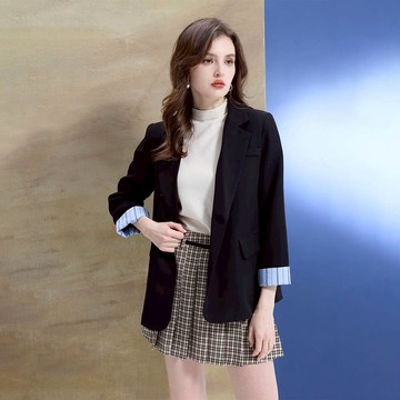 HONOR經典翻領口袋翻袖條紋西裝外套-黑