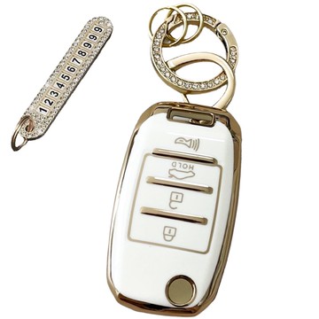 AB 起亞汽車 高級TPU鑰匙包 + 電話號碼牌鑰匙圈 奶油白 AK-12