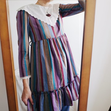 Vintage 美國工會標 蕾絲領片條紋洋裝