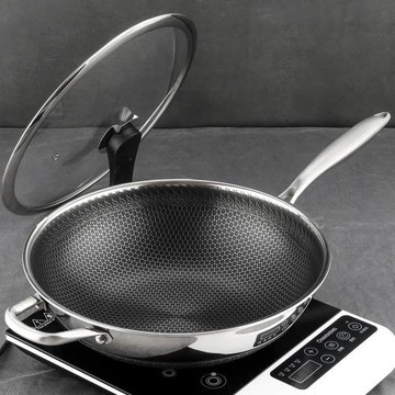 不銹鋼炒鍋面炒鍋少油煙蜂巢不粘炒菜鍋家用不銹鋼鍋具燃氣電磁爐