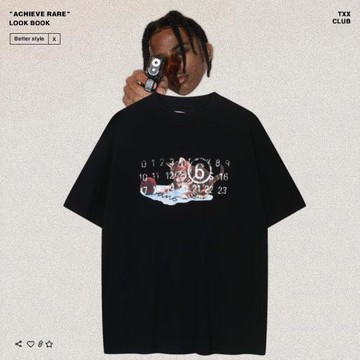 MM馬吉貓咪數字印花純棉T恤夏季小眾高街男女寬松休閑情侶短袖潮