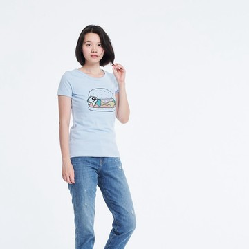 狗啃大漢堡 短袖 蜜桃棉 女T 水藍