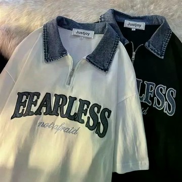 【Mr.Right Dream】短袖 牛仔 水洗拼接 刺繡 POLO衫 黑 白 灰 Oversize 男女可穿 A254