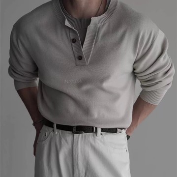 美式休閒柔軟透氣針織衫男亨利領薄款毛衣男
