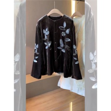 新中式國風黑色宋錦絲絨外套2025年秋季設計感老錢風復古獨特上衣