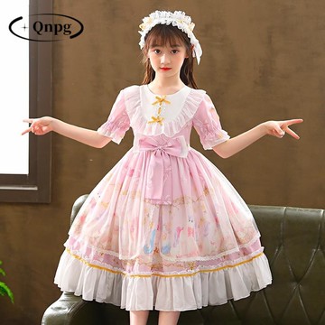 香港QNPG洛麗塔女童公主裙2022年夏季新款短袖兒童裙子女孩連衣裙