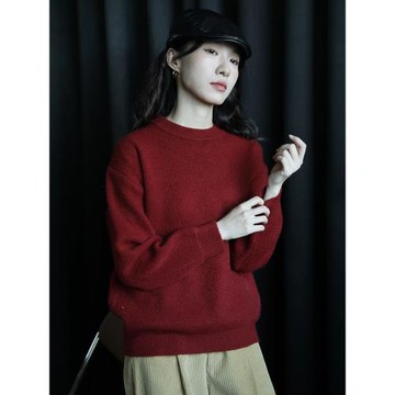 安哥拉紅色復古圓領套頭長袖針織衫寬松慵懶風彈力毛衣女秋冬上衣