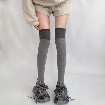 夜間教習室過膝長筒襪女春秋拼接襪子防下滑黑灰拼色高筒jk大腿襪